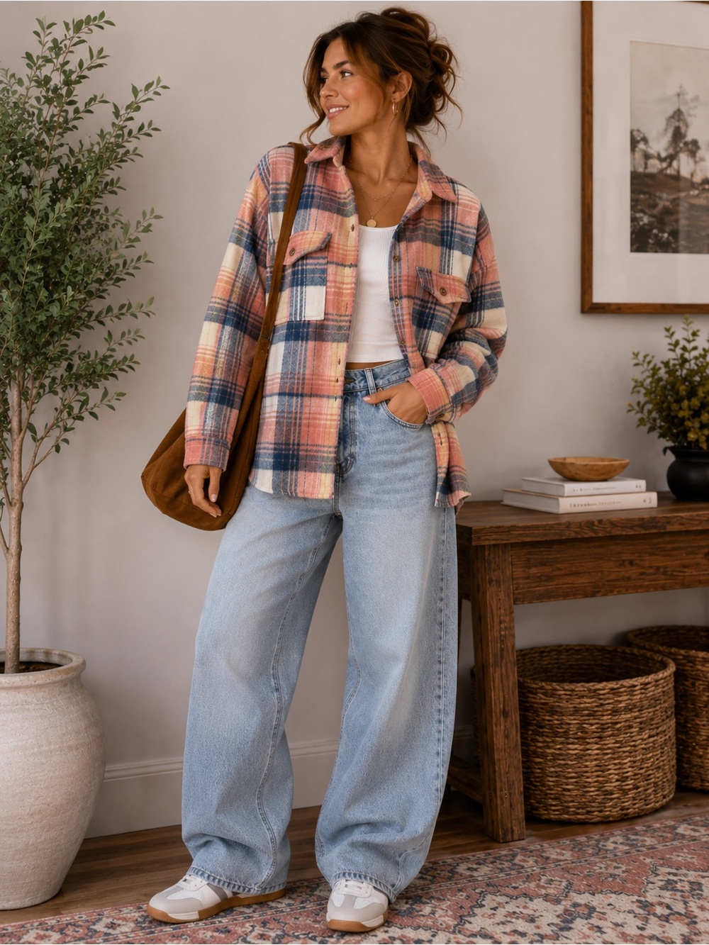 Plaid Flannel Shacket Jacket Pink Blue Cream Oversized Size L
